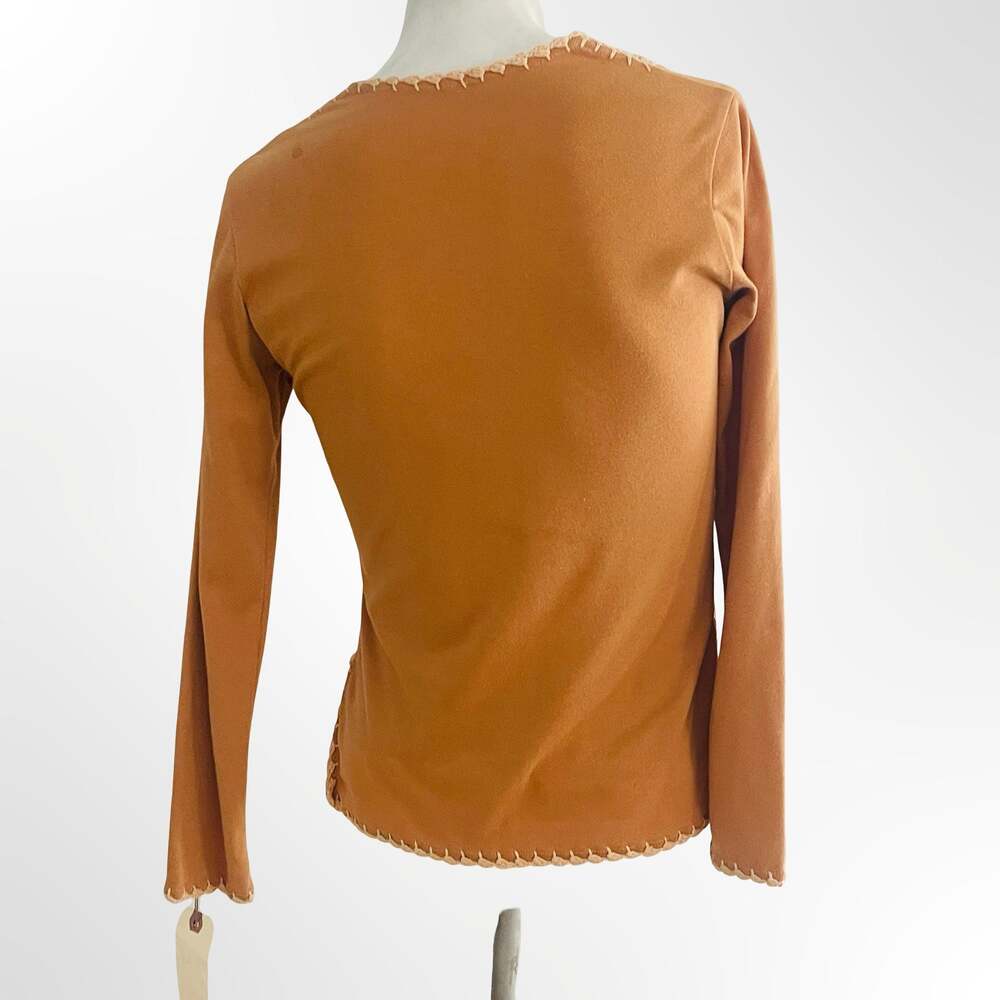 Vintage Long Sleeve Brown Knit Blouse with Crochet Lace Trim and Tassel Tie - Picture 3 of 6